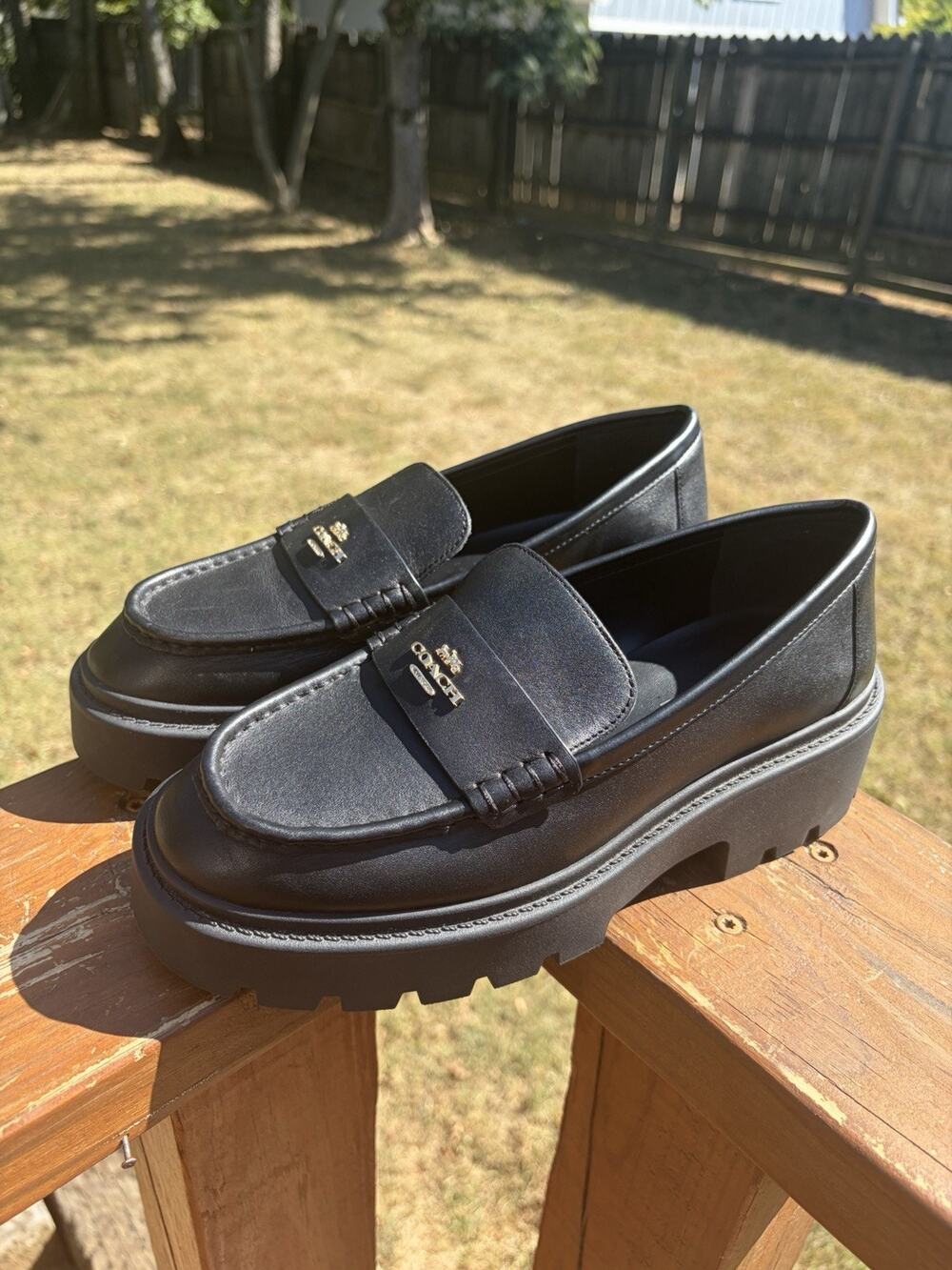 Coach Lucy Chunky Lugg Loafers Black Leather Womens Size 7.5 Dark Academic